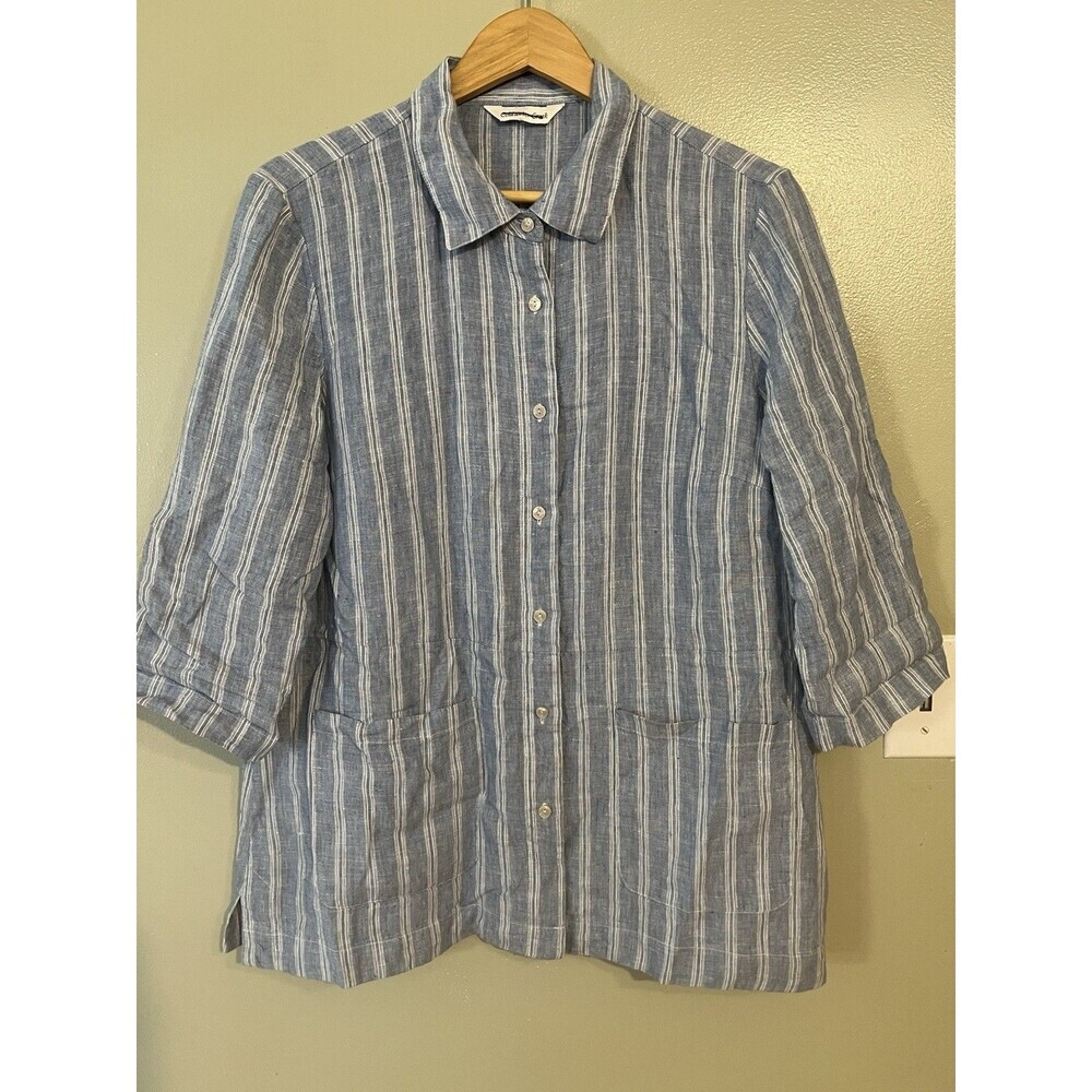 Coldwater Creek Womens 100% Linen Striped 3/4 Sleeves Shirt Pockets Resort L